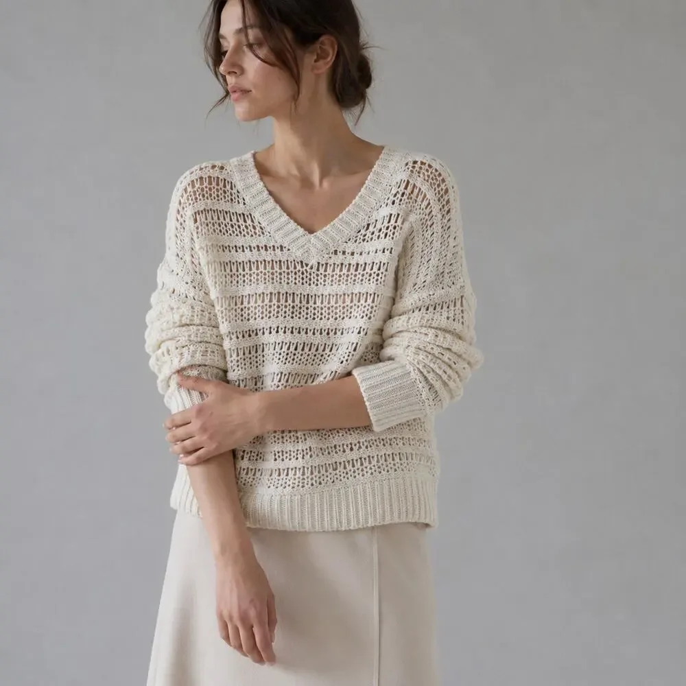 Brunello Cucinelli Textured Open Knit Sweater Womens M Cream Cotton V-neck